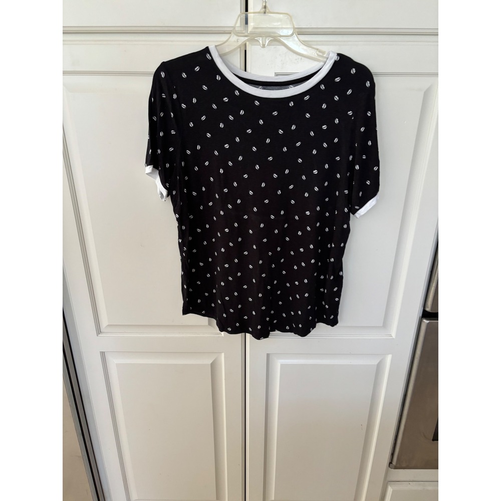 DKNY Womens Black White Lip Print Ringer Tee Split Back Short Sleeve Top Size M